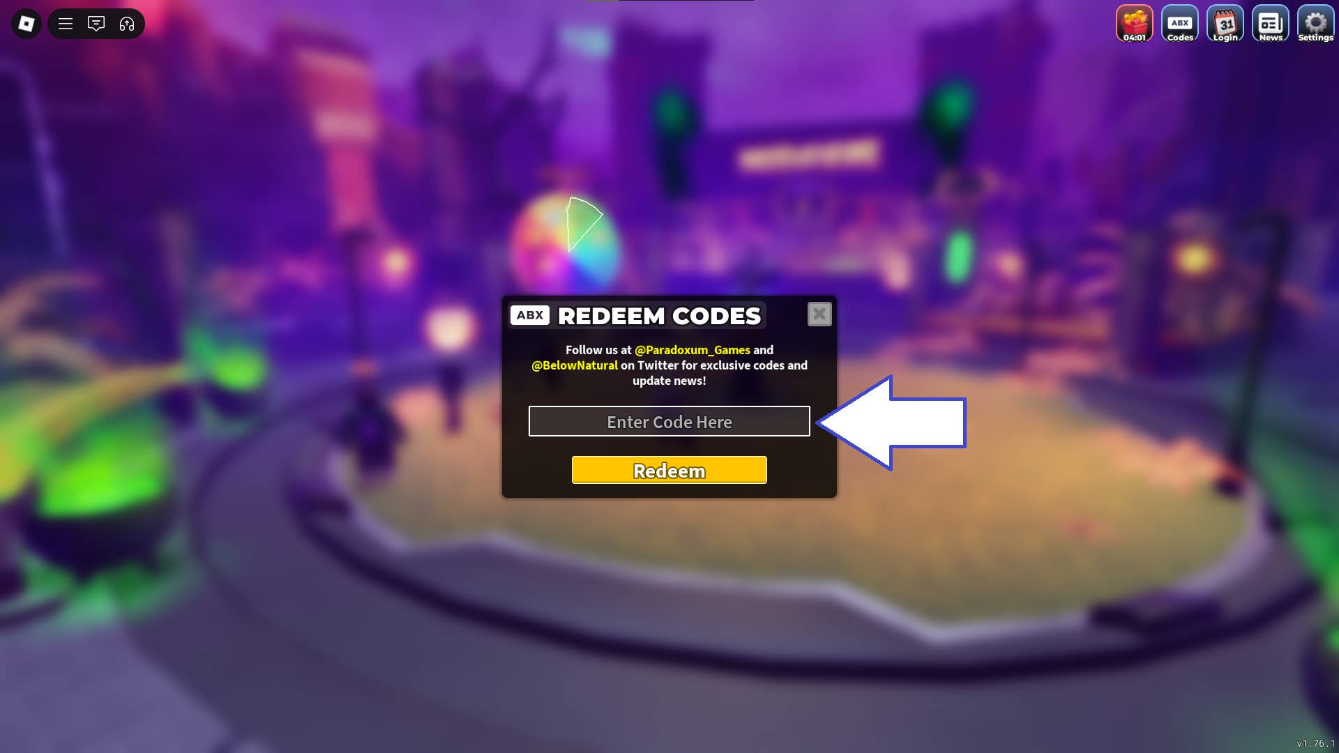 Скриншот Tower Defense Simulator в Roblox, показывающий поле ввода кода.