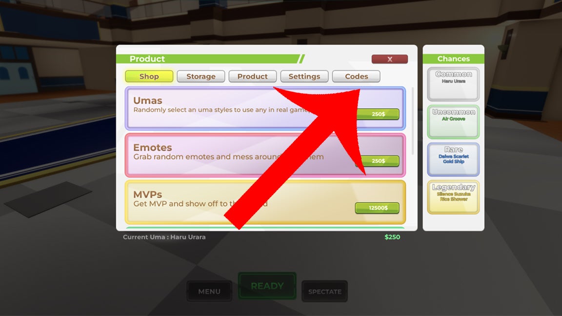 Стрелка, указывающая на кнопку кодов в игре Uma Racing на Roblox.