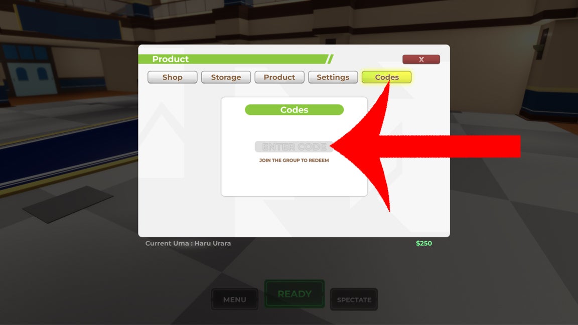 Стрелка, указывающая на меню кодов в игре Uma Racing на Roblox.