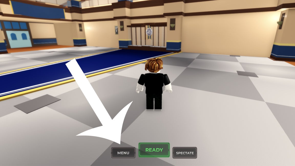 Стрелка, указывающая на кнопку меню в игре Uma Racing на Roblox.