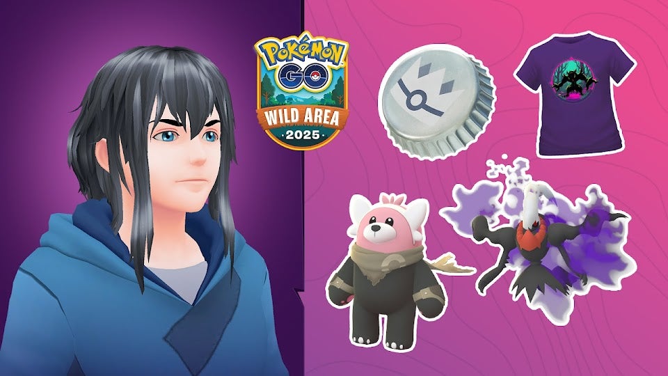 Предметы из боевого пропуска Go Wild Area 2025, включая изображение Shadow Darkrai и костюм Bewear.