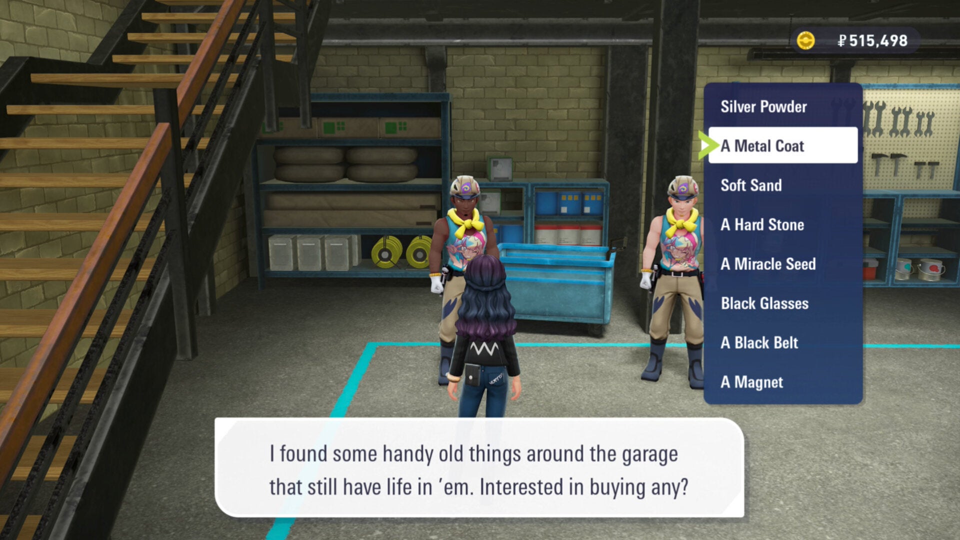 Игрок рассматривает покупку Metal Coat у рабочего Racine Construction в Pokémon Legends Z-A