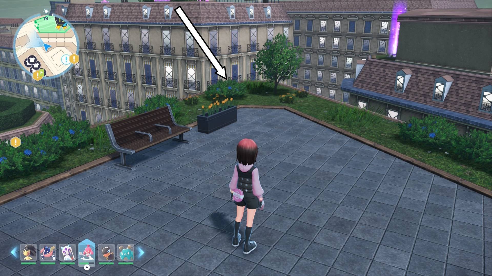 Игрок стоит на крыше рядом с местом, где обычно находится Лунный камень в Pokémon Legends Z-A.