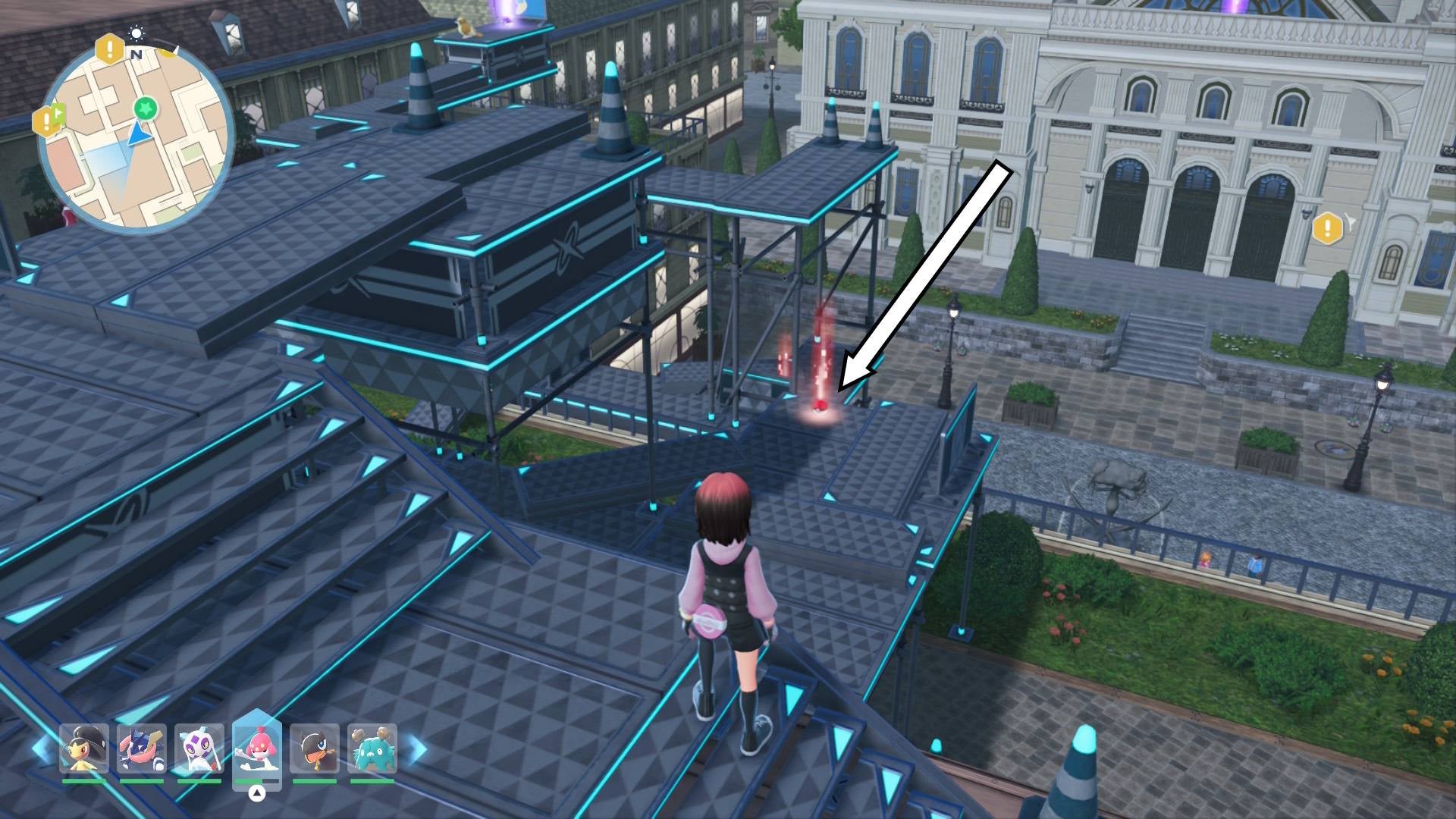 Игрок стоит на лесах и смотрит вниз на Лунный камень в Pokémon Legends Z-A.