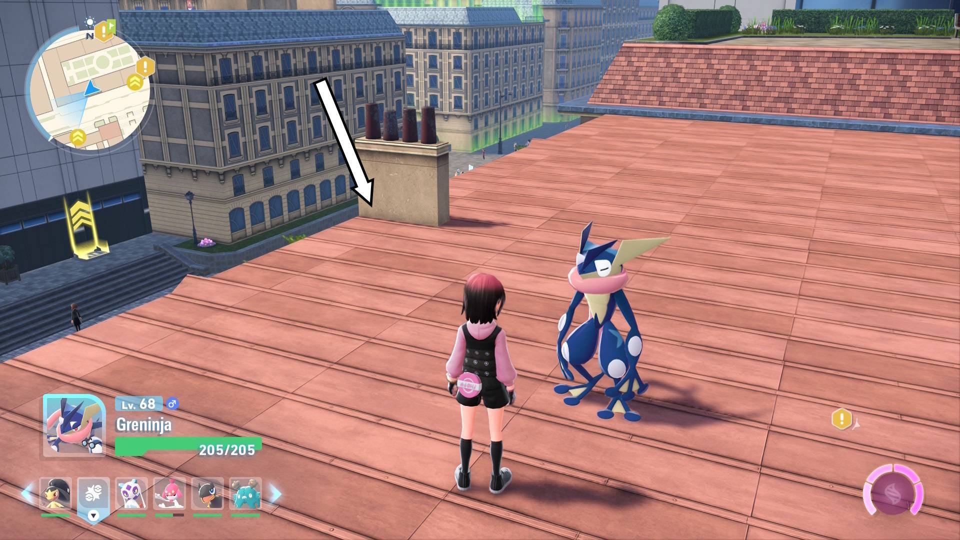 Игрок приближается к месту, где обычно расположен Лунный камень на крыше в Pokémon Legends Z-A.