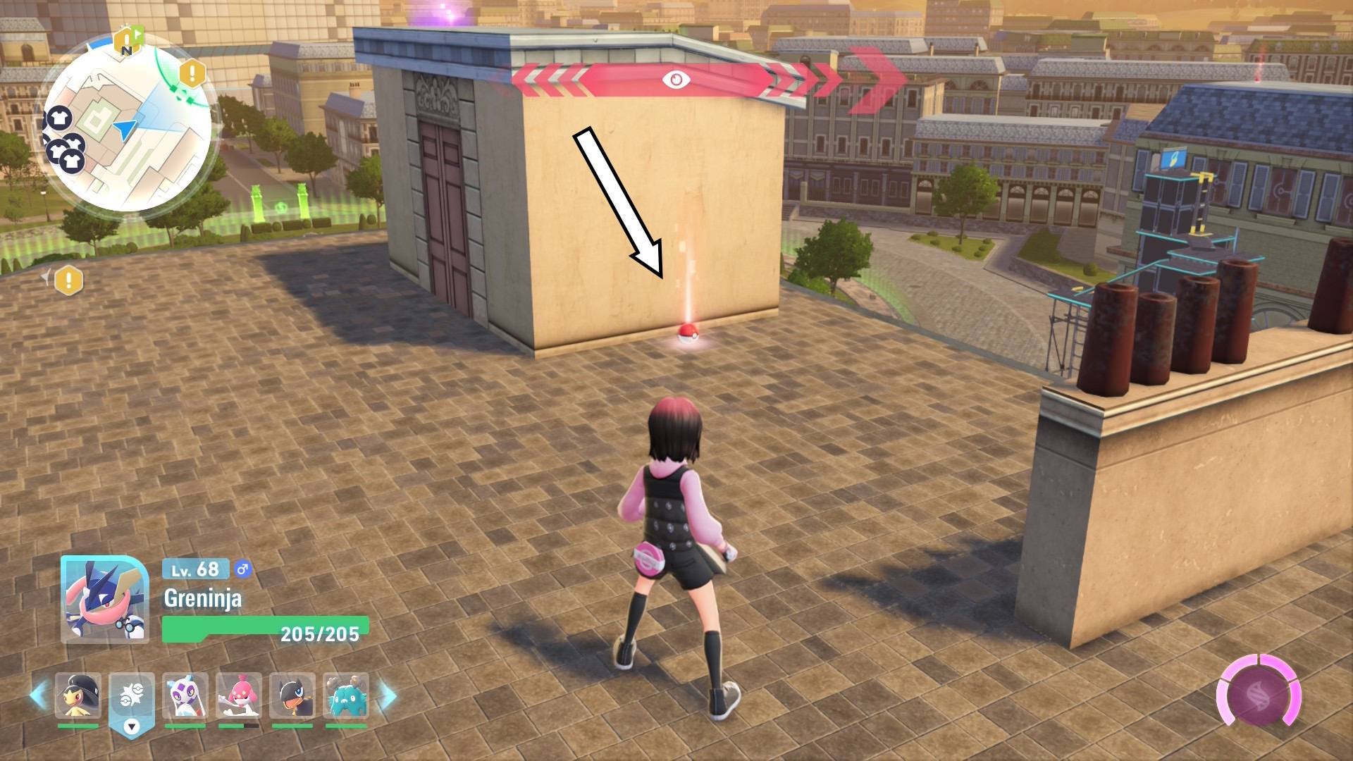 Игрок стоит перед Лунным камнем на крыше в Pokémon Legends Z-A.