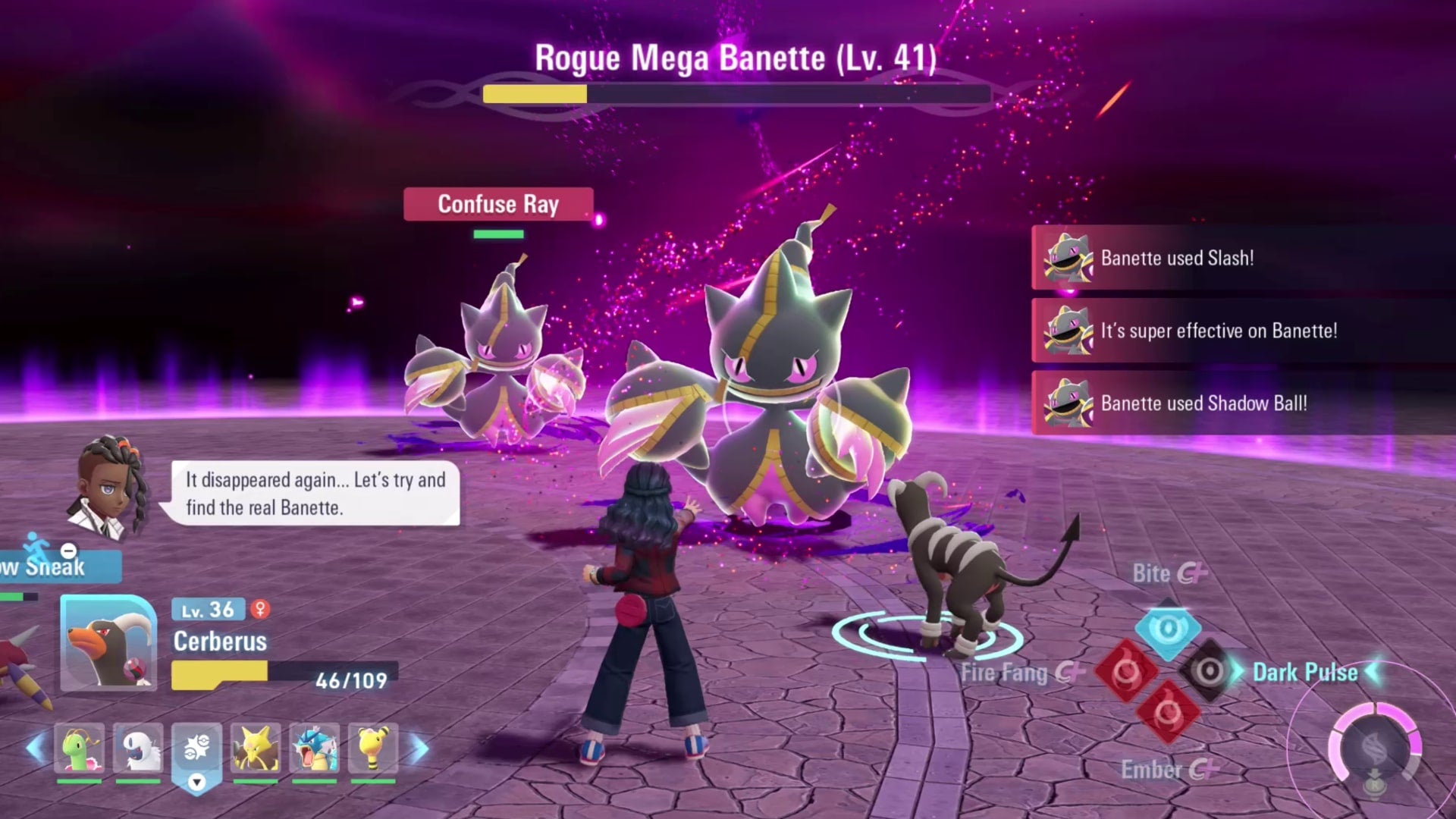 Тренер сражается с Rogue Mega Banette в Pokémon Legends Z-A