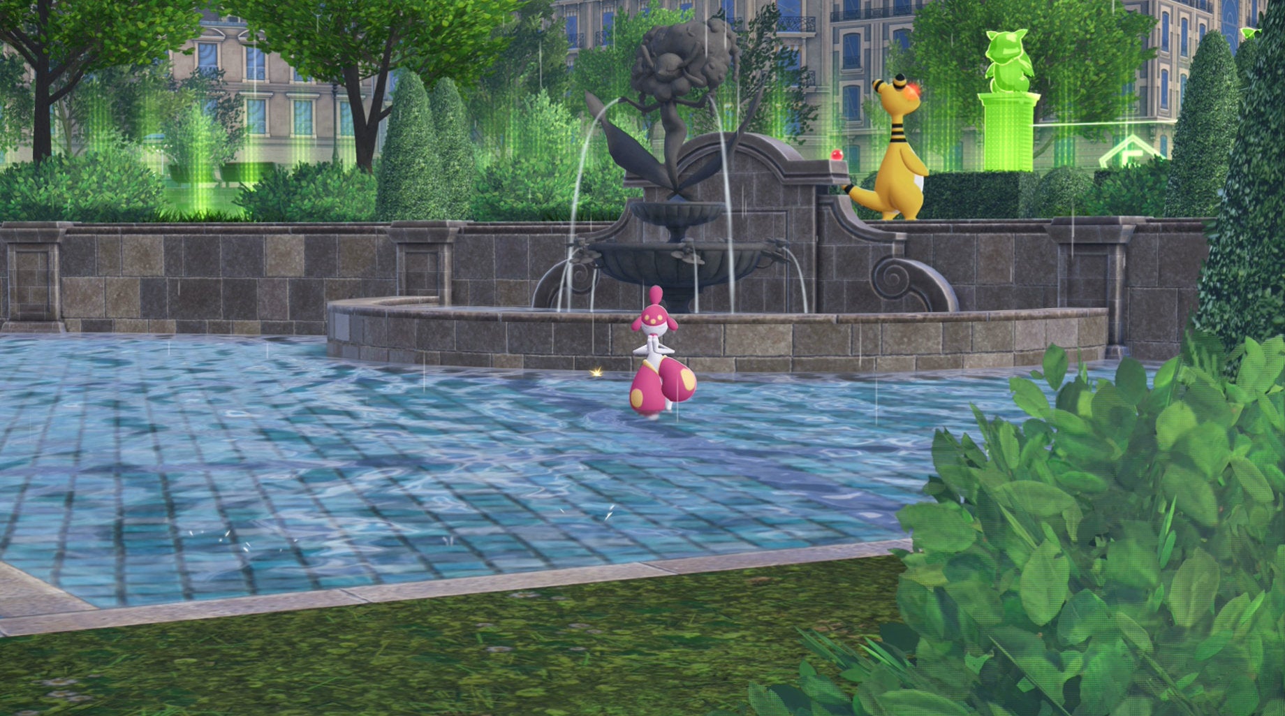 Medicham doing a yoga pose within Wild Zone 16 in Pokémon Legends: Z-A.