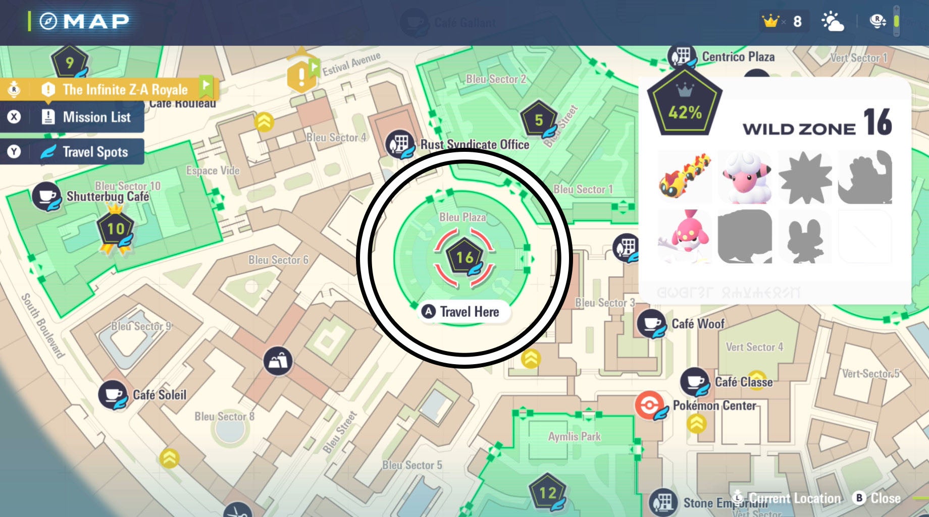 The location of Wild Zone 16 circled on the Pokémon Legends: Z-A map.