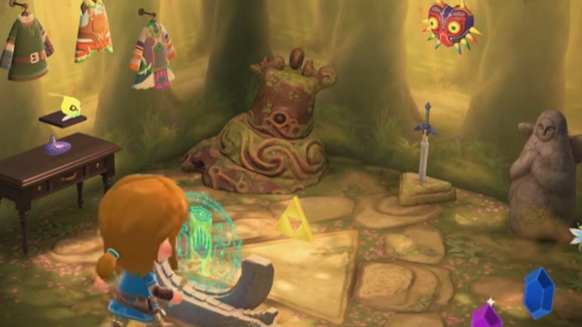 пример комнаты с коллаборационными предметами Zelda в Animal Crossing: New Horizons, заполненная предметами в стиле Zelda — ру́пиями, статуями, статуей богини, окариной времени и маской Маджоры на стене.