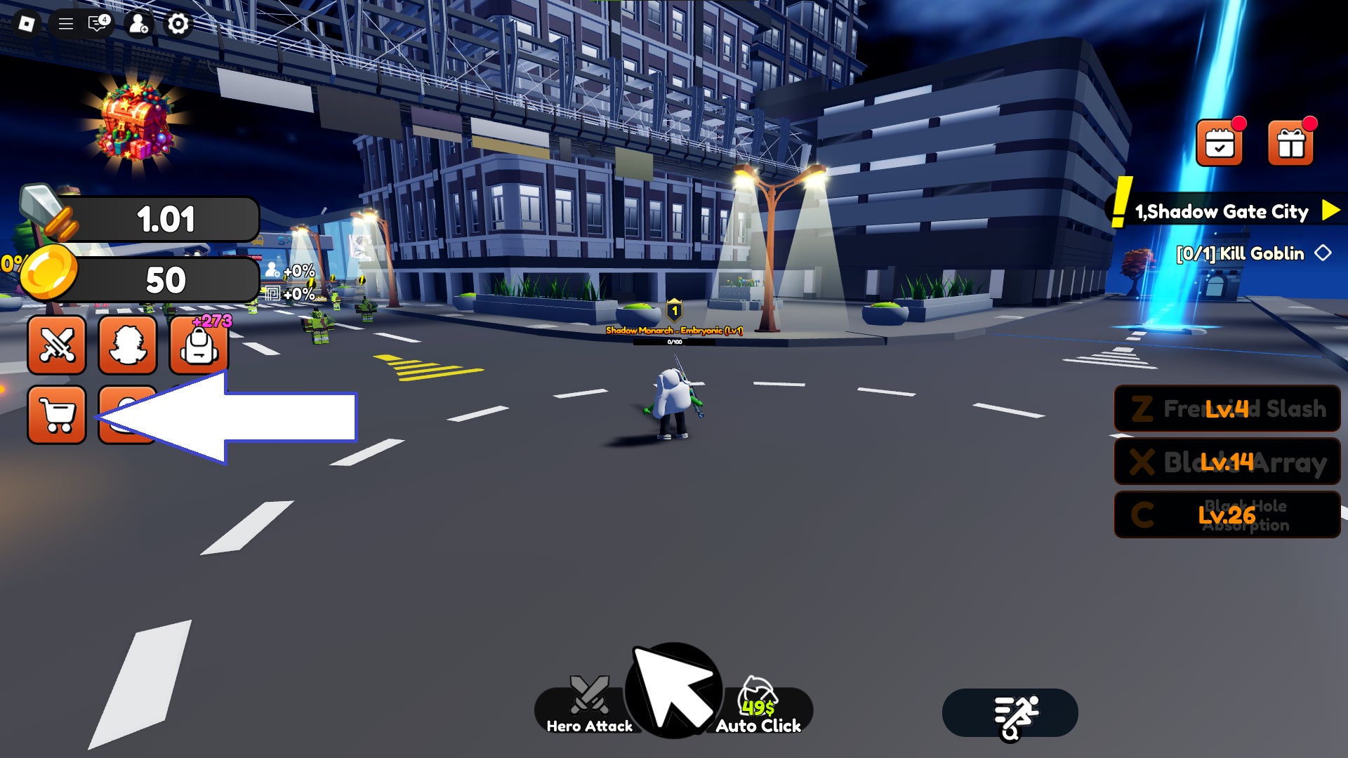 Скриншот Arise Shadow Hunt в Roblox, показывающий кнопку магазина в игре.