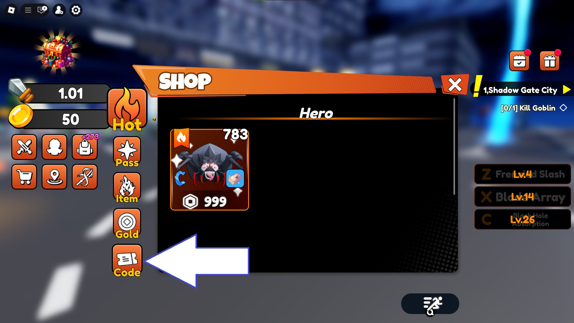 Скриншот Arise Shadow Hunt в Roblox, показывающий кнопку для ввода кодов.