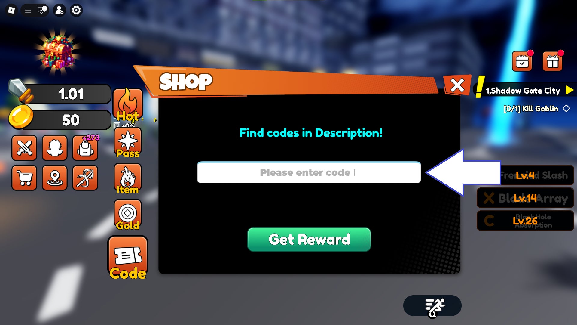 Скриншот Arise Shadow Hunt в Roblox, показывающий поле ввода кодов.