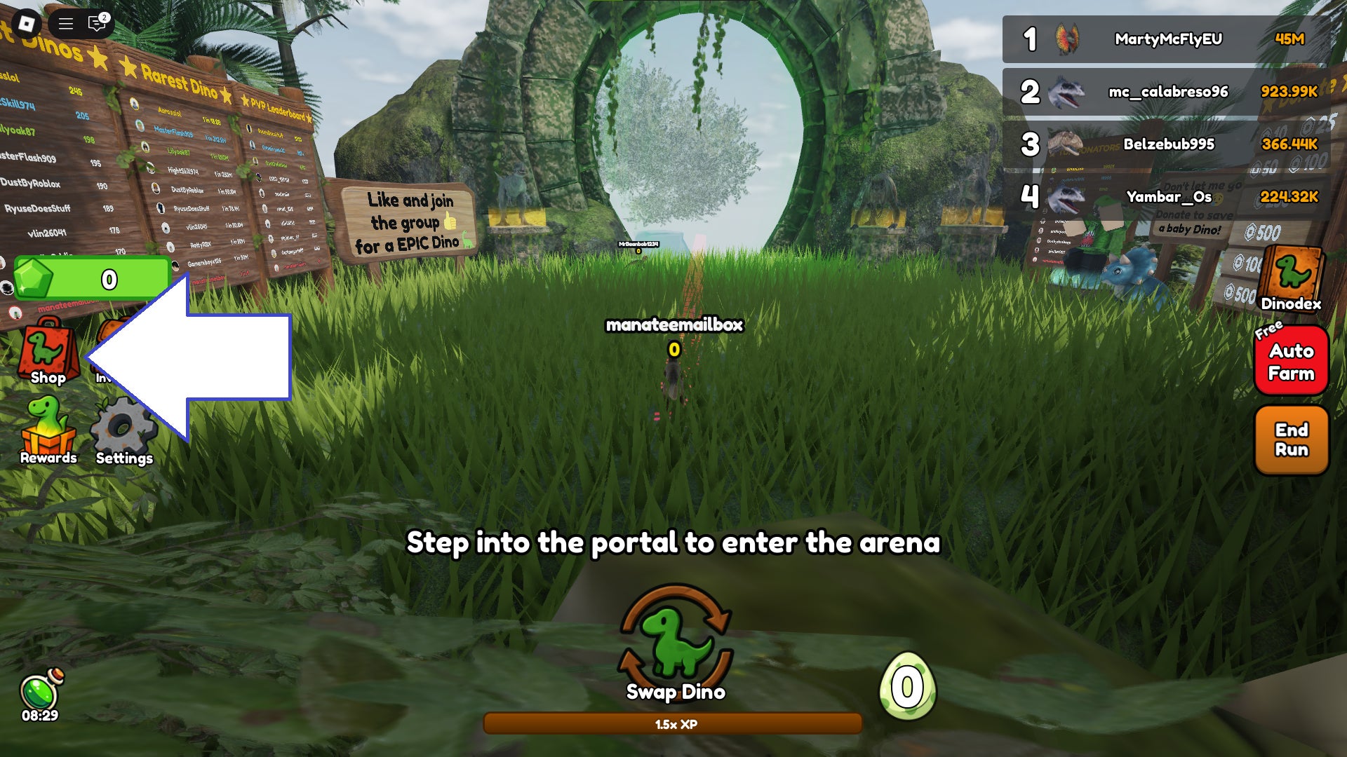 Скриншот Be Dino в Roblox, показывающий кнопку магазина игры.