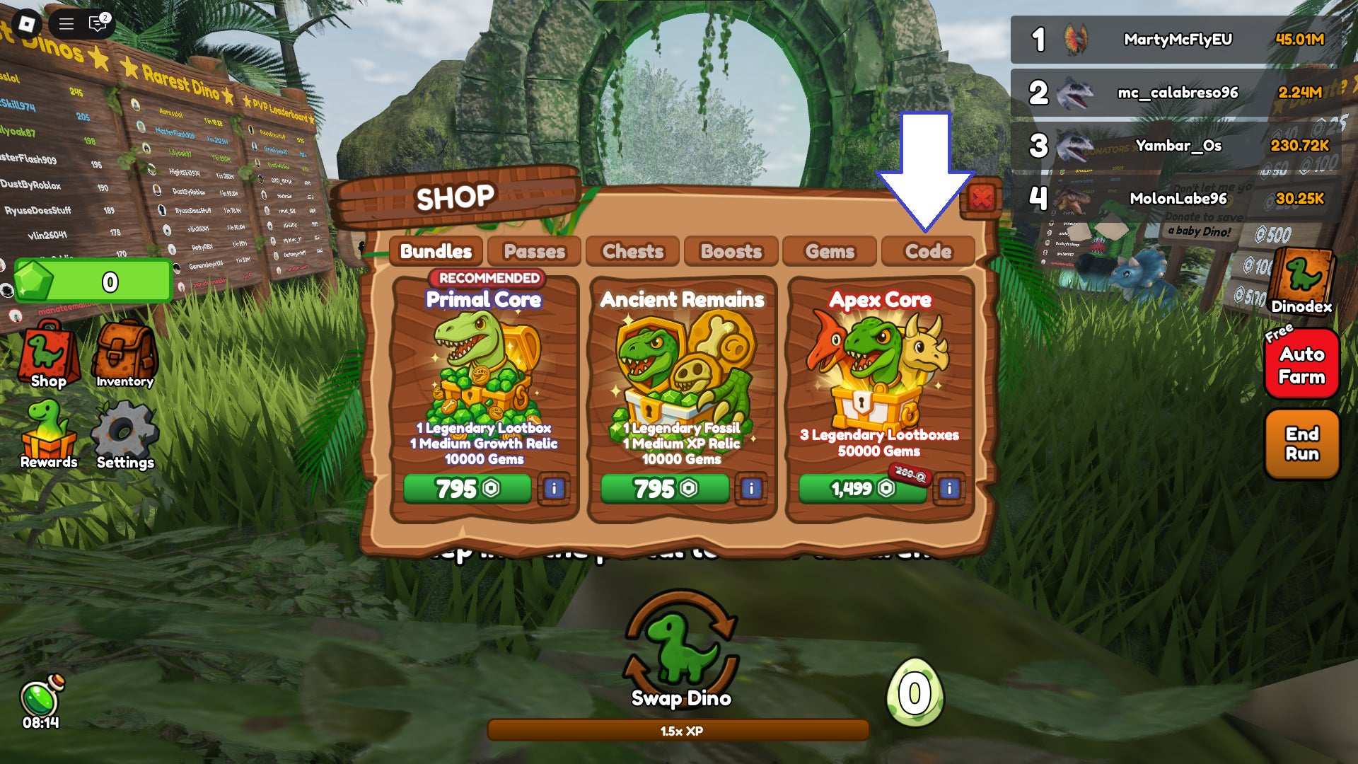 Скриншот Be Dino в Roblox, показывающий кнопку кодов игры.