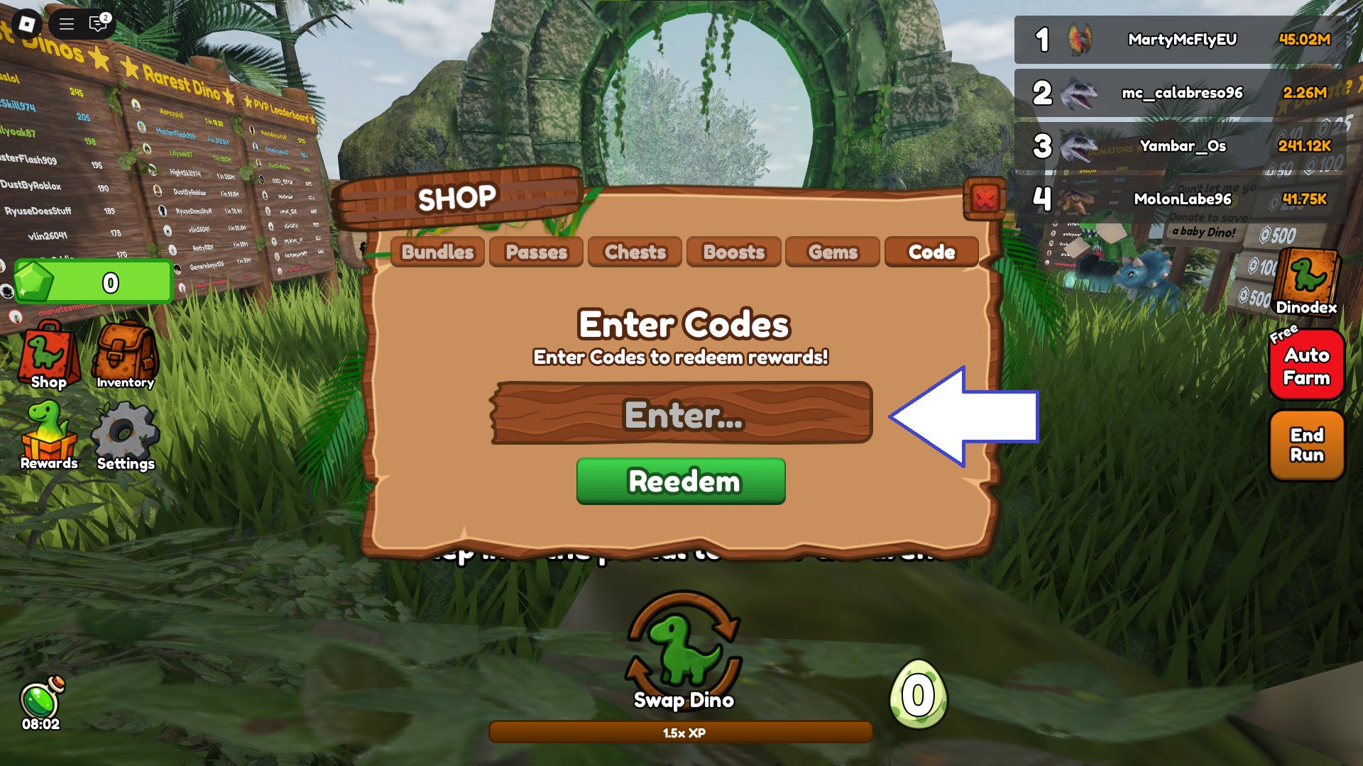 Скриншот Be Dino в Roblox, показывающий поле для ввода кодов игры.