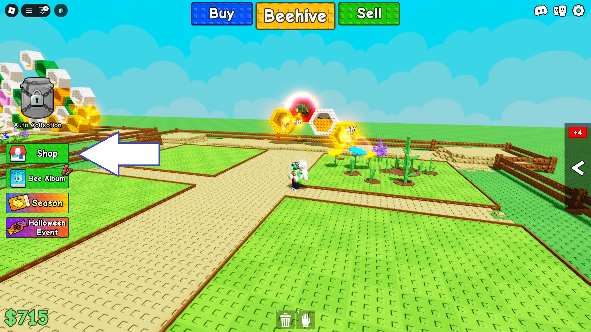 Скриншот Build a Beehive в Roblox, показывающий кнопку магазина в игре.