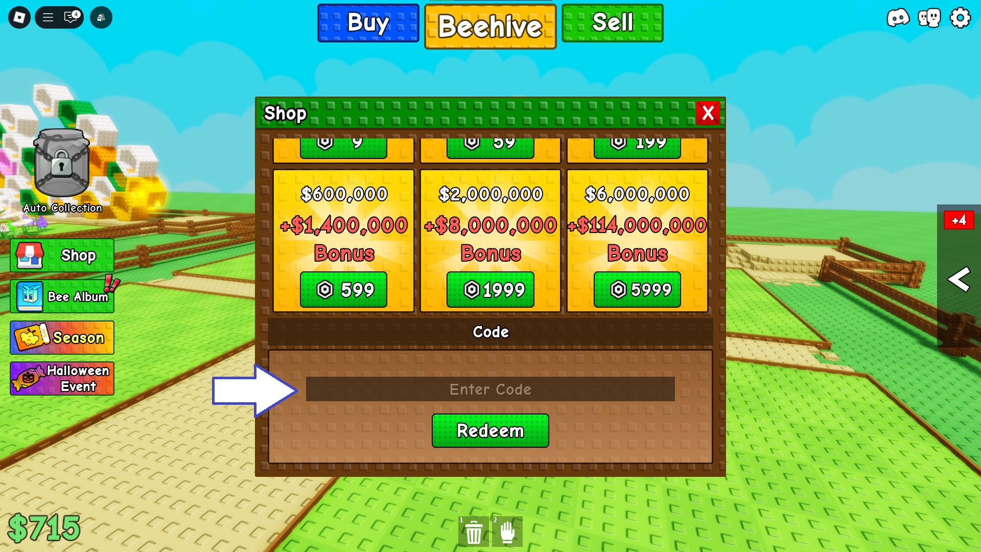 Скриншот Build a Beehive в Roblox, показывающий поле для ввода кодов.