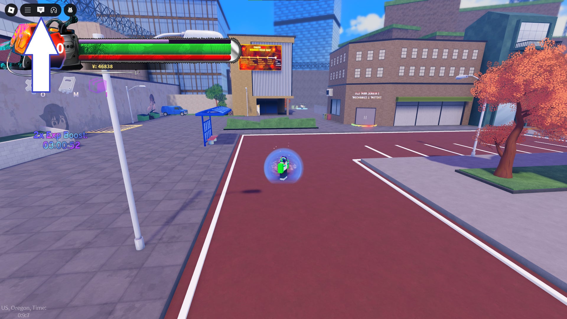 Скриншот Chainsaw Man Devil's Heart в Roblox, показывающий кнопку чата игры.