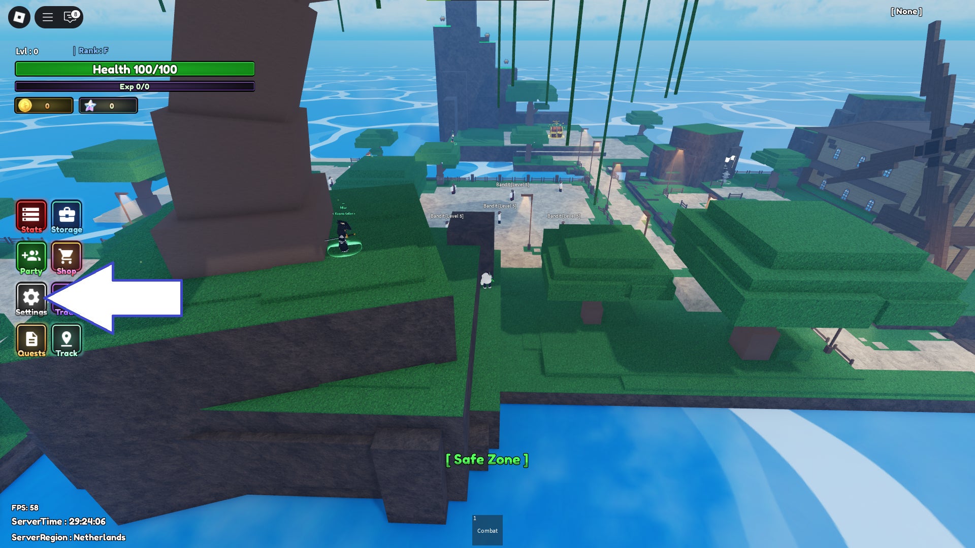 Скриншот Diverse Piece в Roblox, показывающий кнопку настроек игры.