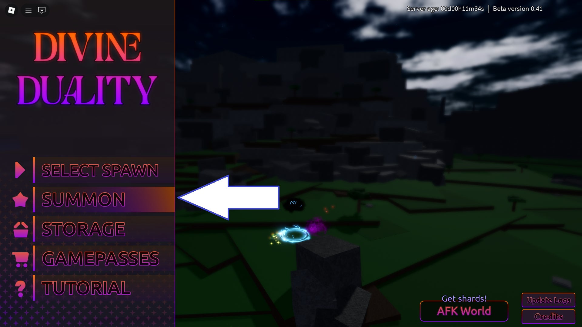 Скриншот Divine Duality Elemental в Roblox, показывающий кнопку призыва игры.