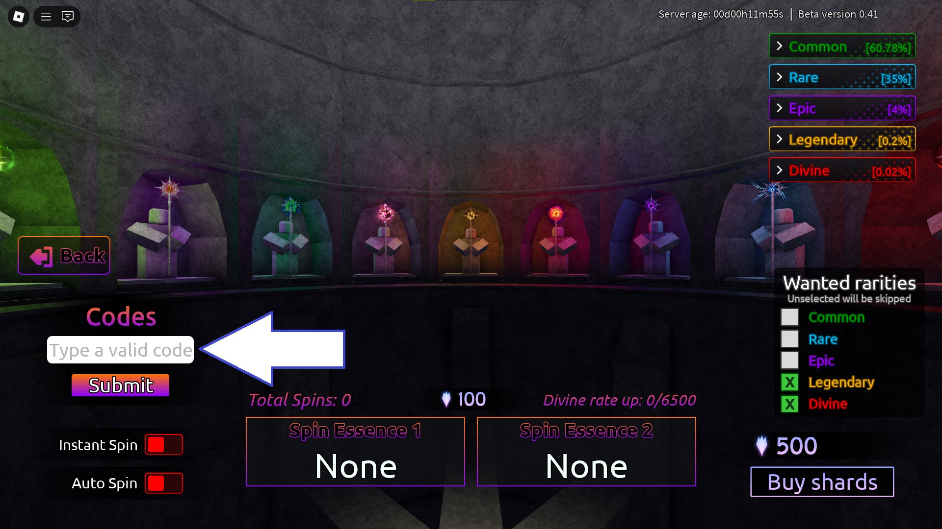 Скриншот Divine Duality Elemental в Roblox, показывающий поле для ввода кодов в игре.