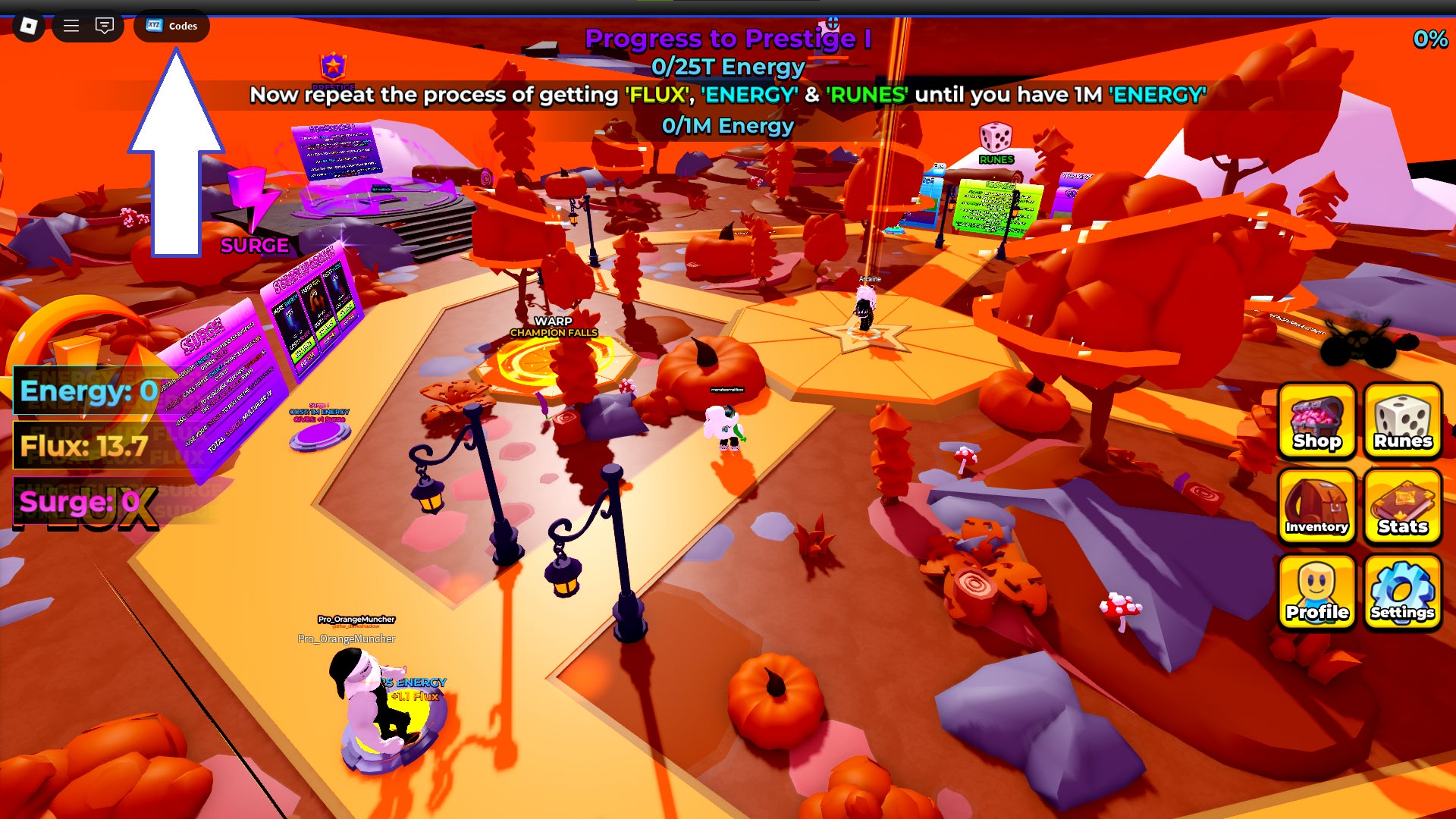 Скриншот Energy Incremental в Roblox с показанной кнопкой кодов игры.