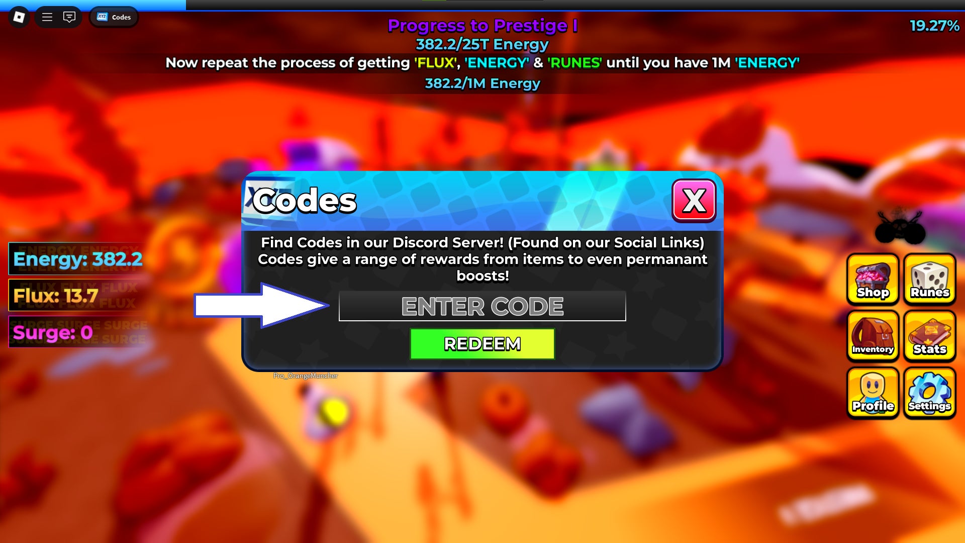 Скриншот Energy Incremental в Roblox с показанным полем ввода кодов.