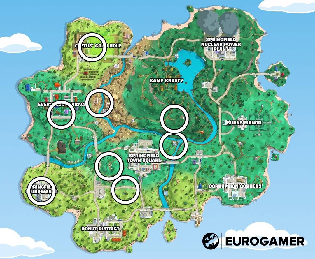 Карта мест появления боссов из Симпсонов в сезоне The Simpsons в Fortnite.