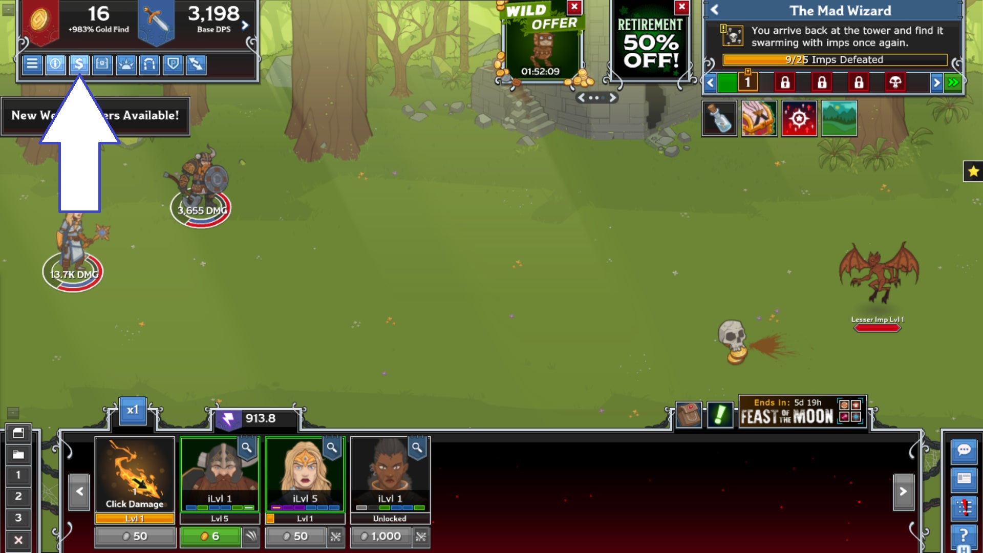 Скриншот Idle Champions с отображением кнопки магазина в игре.