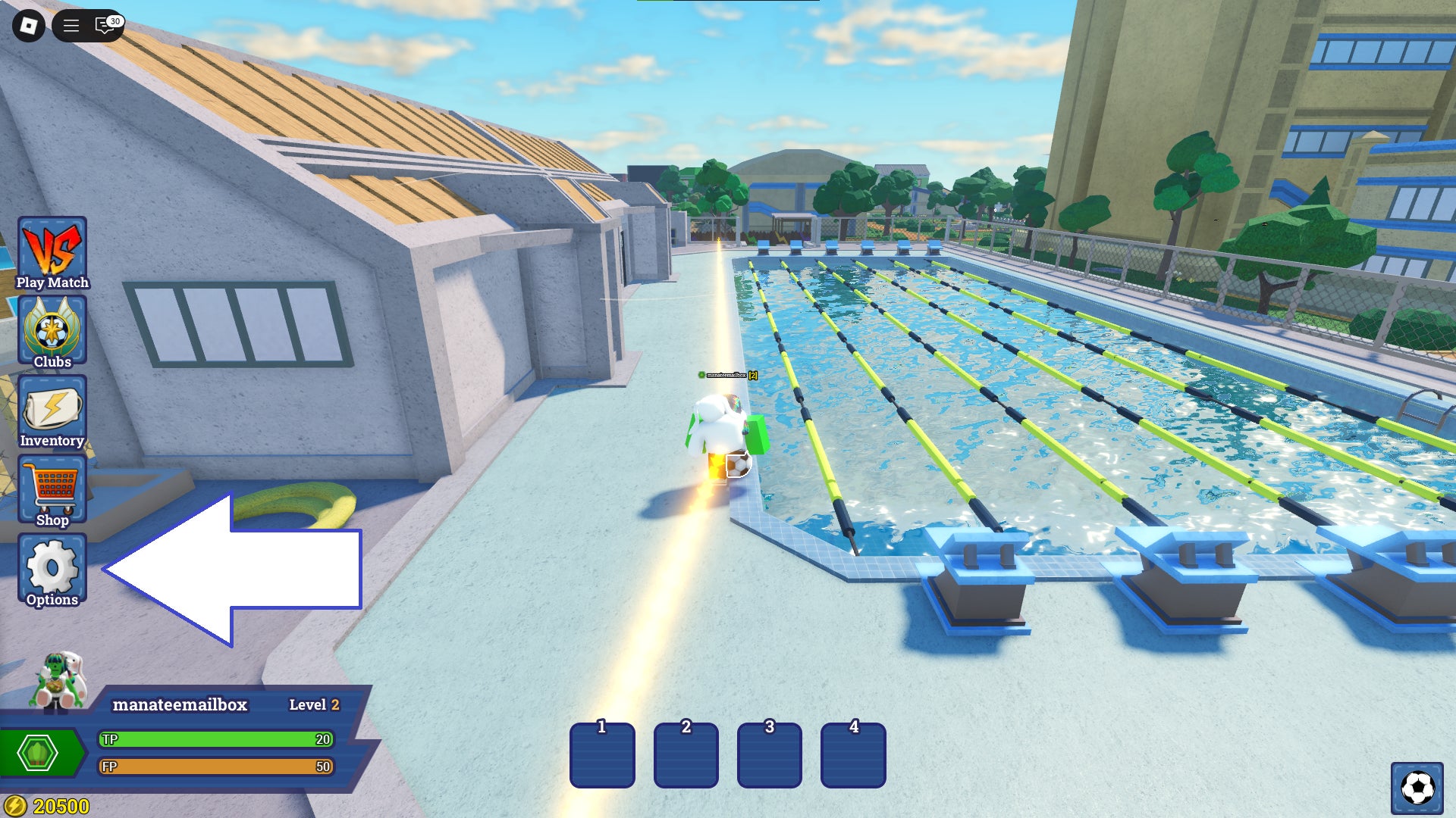 Скриншот Inazuma Strikers в Roblox, показывающий кнопку опций игры.