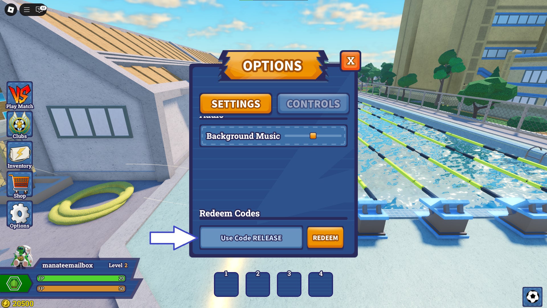 Скриншот Inazuma Strikers в Roblox, показывающий поле для ввода кодов.