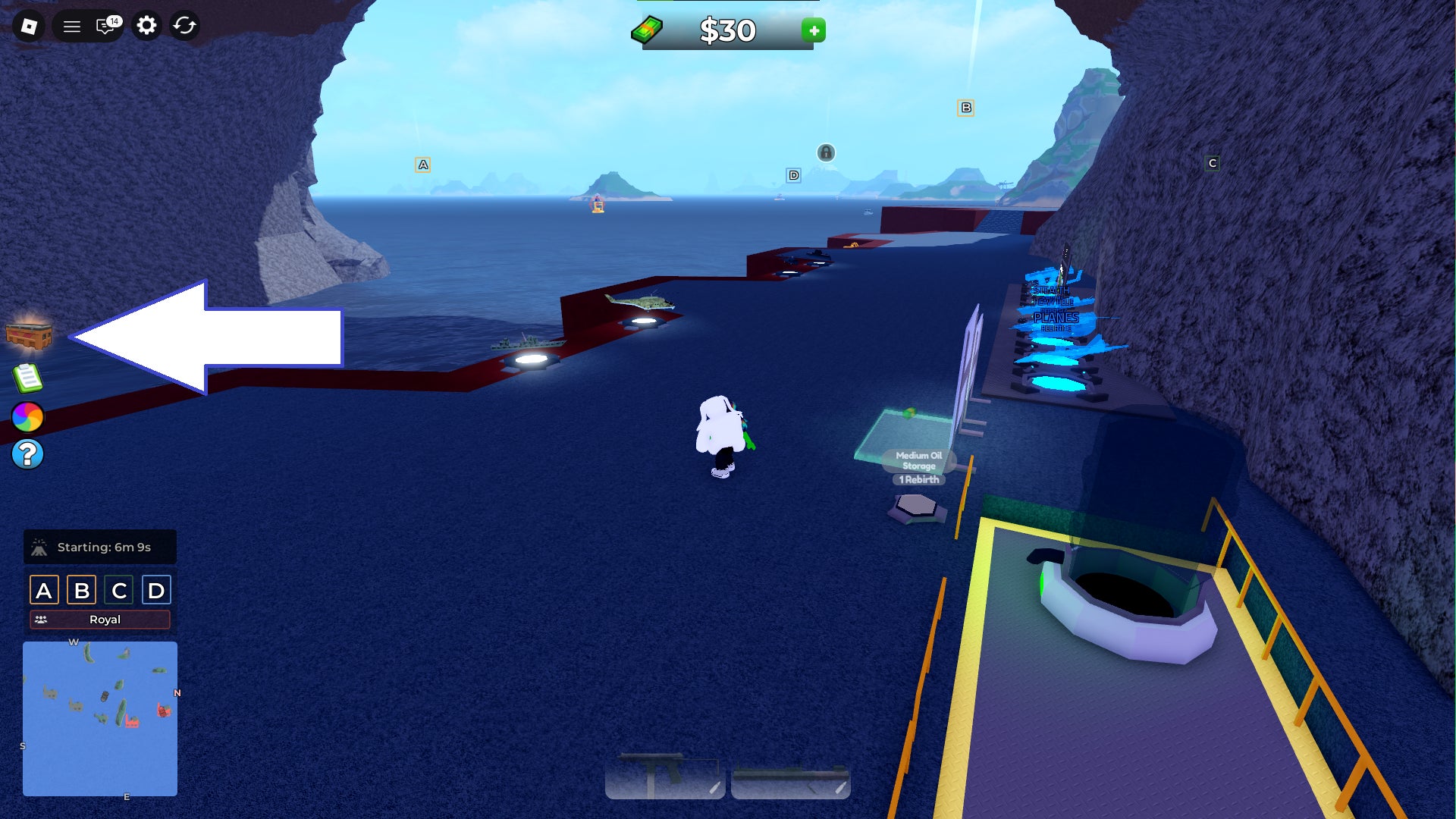 Скриншот Navy Tycoon в Roblox с кнопкой ящика.