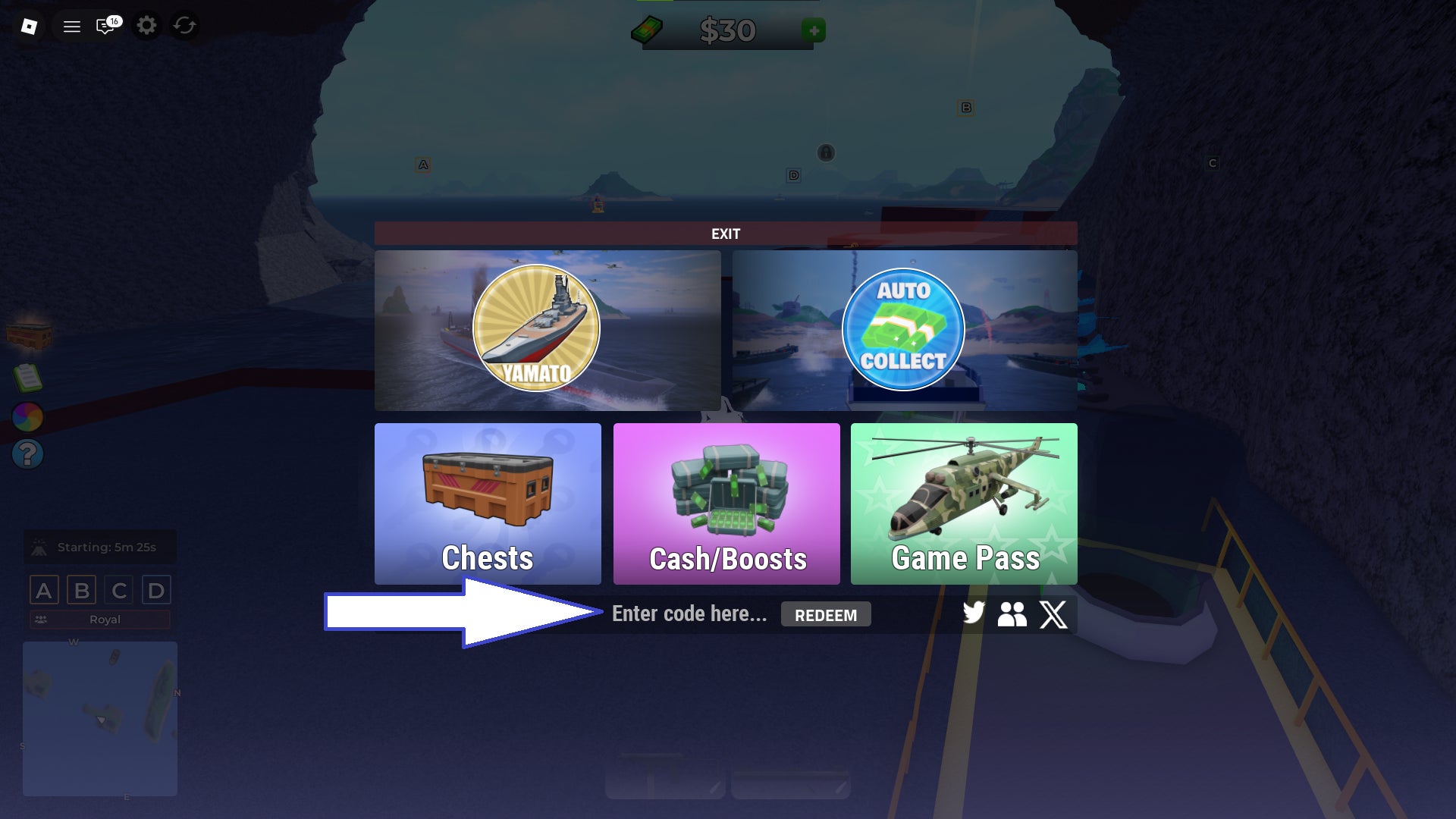 Скриншот Navy Tycoon в Roblox с полем для ввода кода.