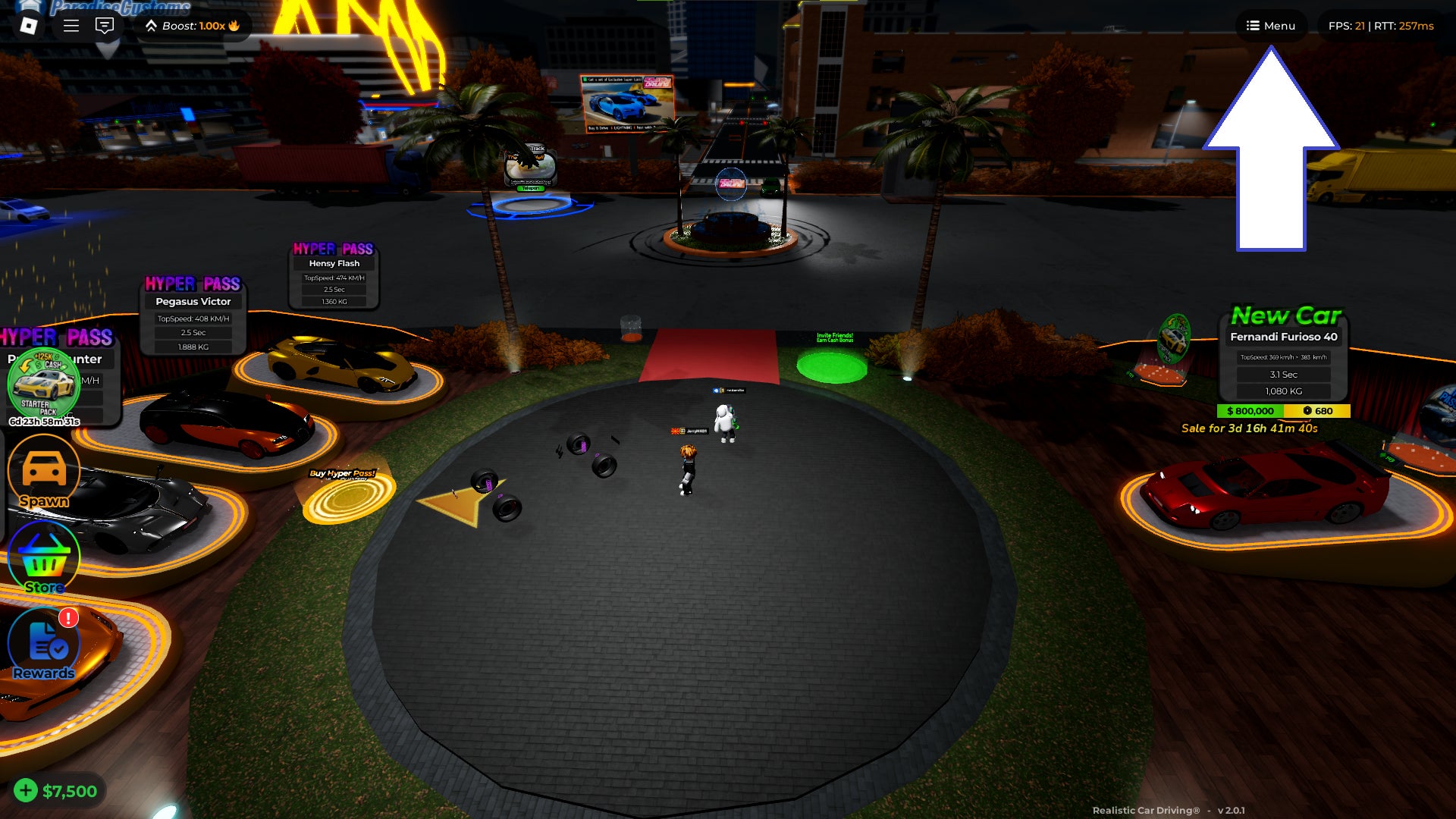 Скриншот Realistic Car Driving в Roblox, показывающий кнопку меню игры.