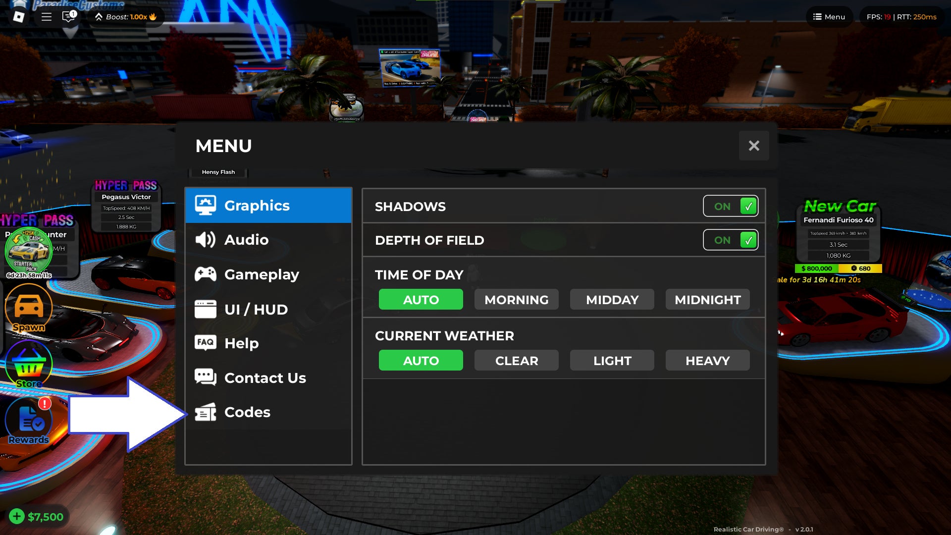 Скриншот Realistic Car Driving в Roblox, показывающий кнопку «Коды» в игре.