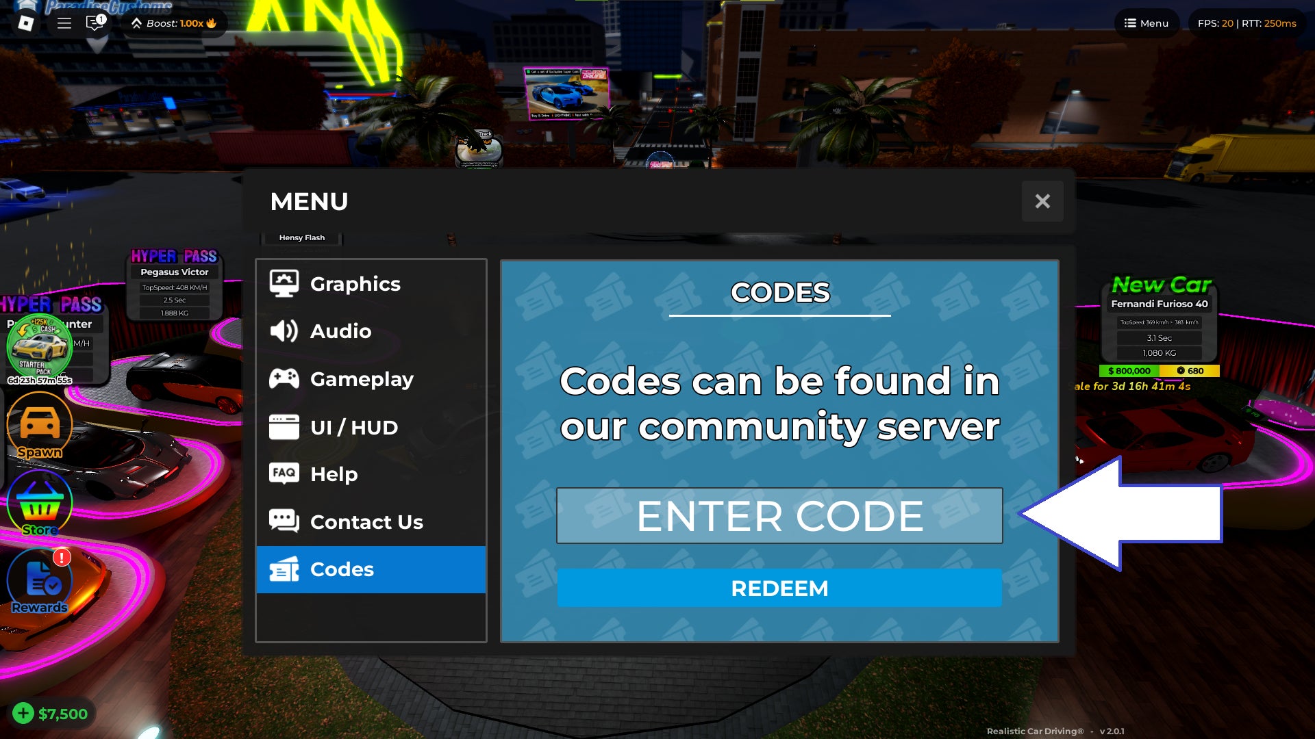 Скриншот Realistic Car Driving в Roblox, показывающий поле ввода кодов.