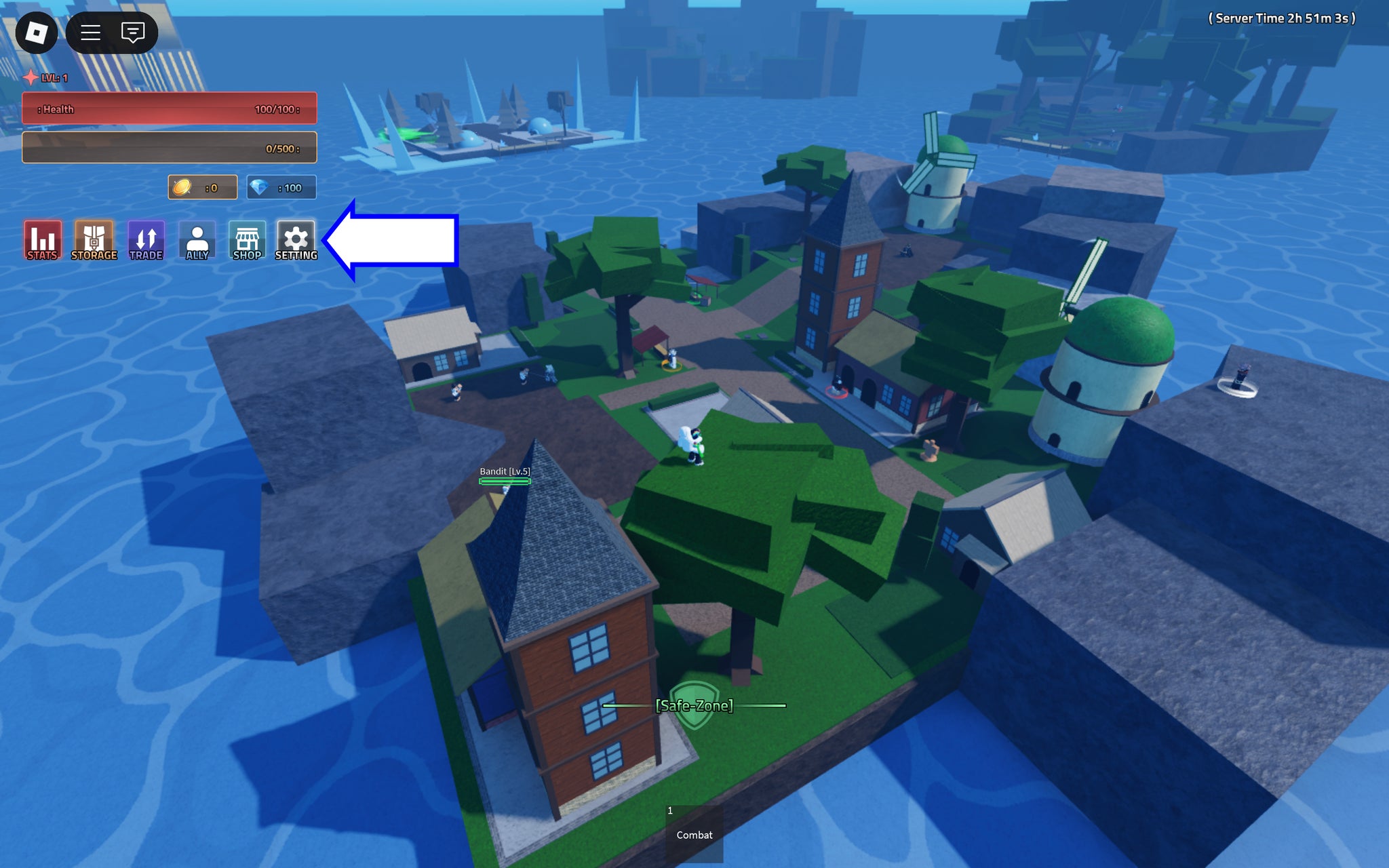 Скриншот Rogue Piece в Roblox, показывающий кнопку настроек игры.