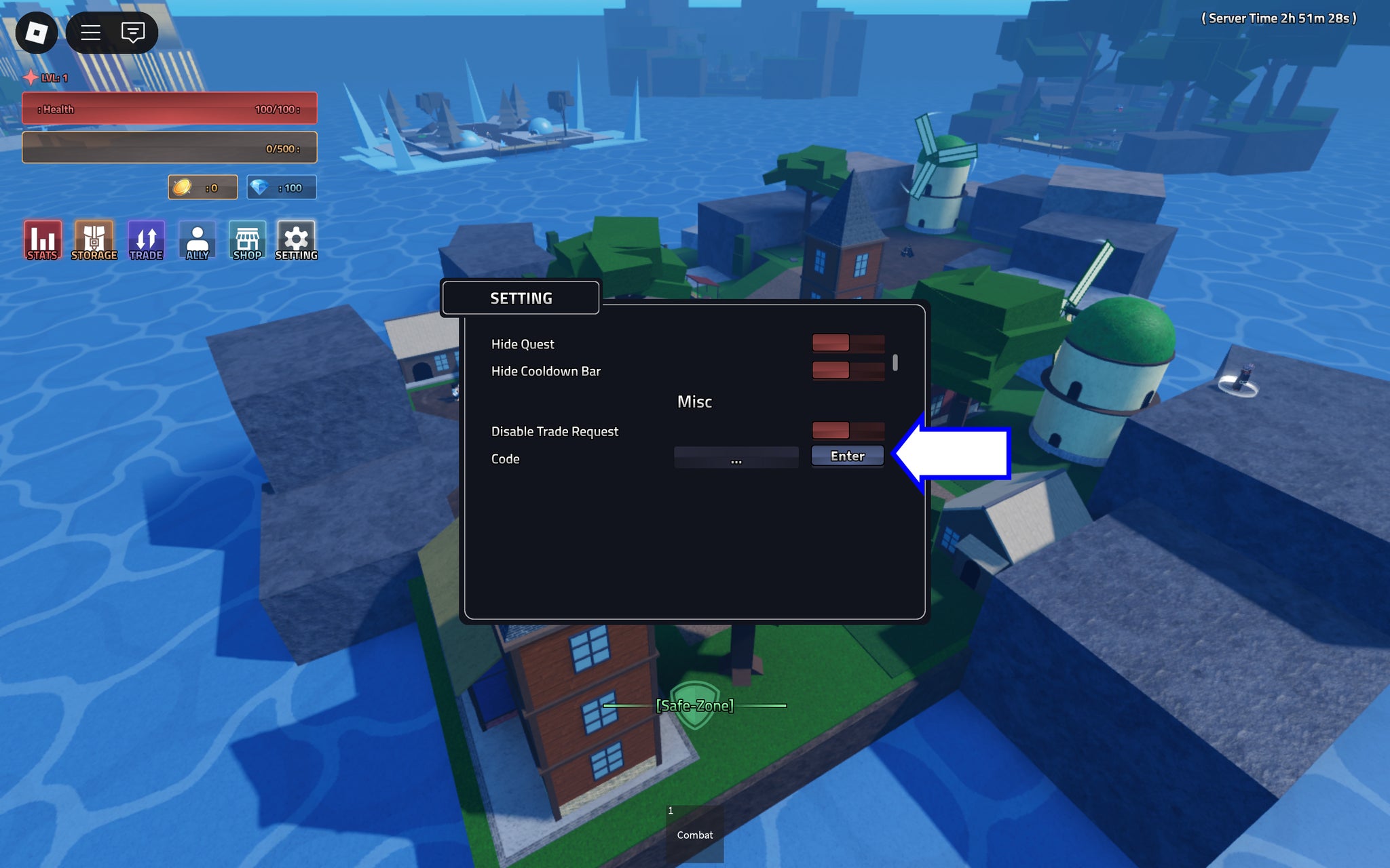 Скриншот Rogue Piece в Roblox, показывающий поле для ввода кодов.