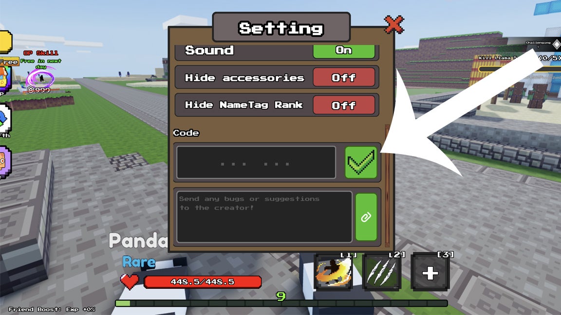 Стрелка указывает на раздел кодов в меню настроек игры Roblox Slasher Blade Loot.