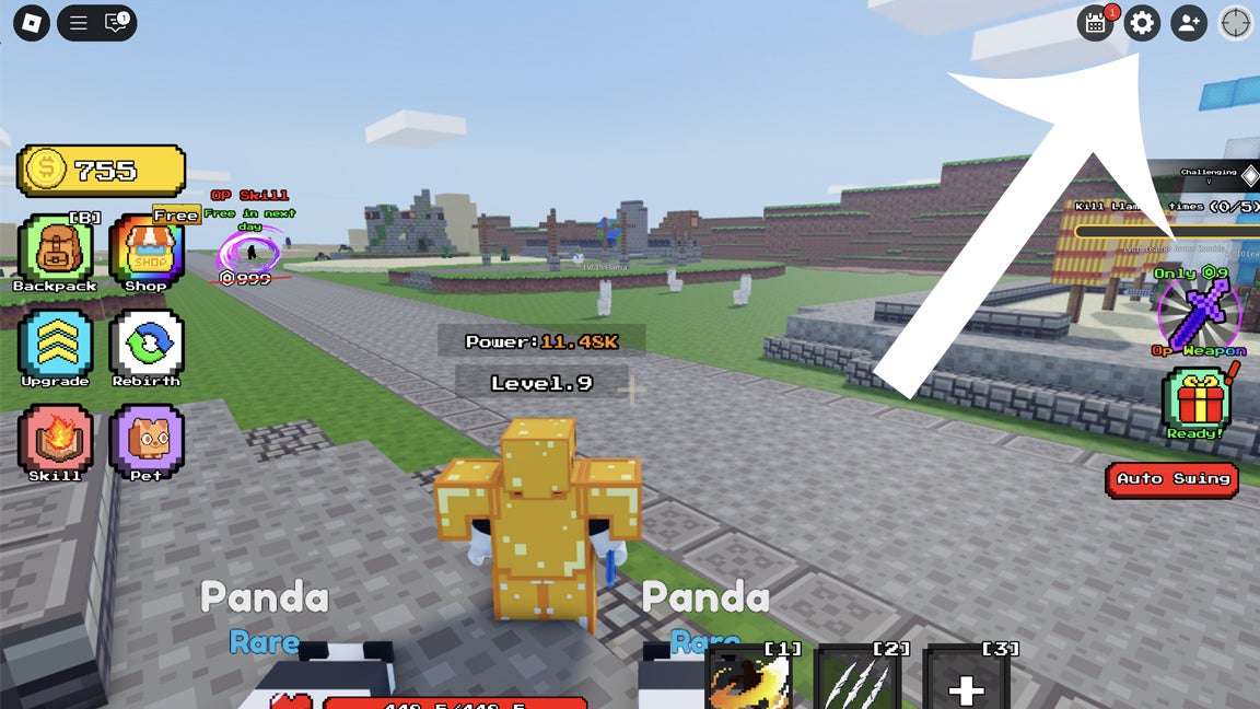 Стрелка указывает на кнопку настроек в игре Roblox Slasher Blade Loot.