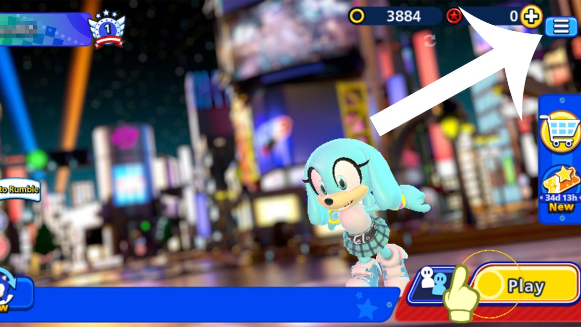 Стрелка, указывающая на кнопку основного меню в игре Sonic Rumble.