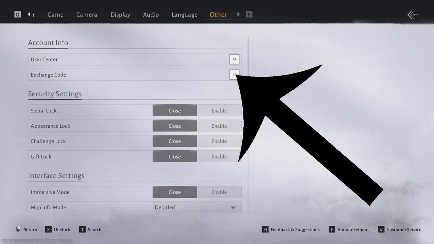 Стрелка указывает на кнопку, которую игрокам нужно нажать, чтобы обменять коды в Where Winds Meet.