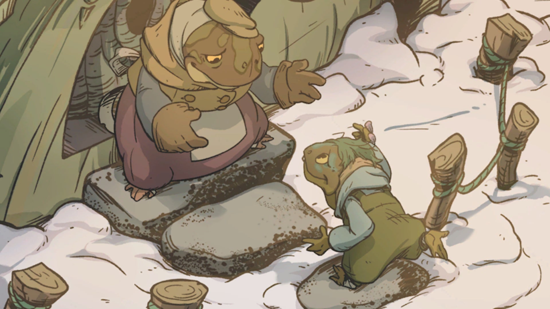 Winter Burrow: Буфо и Полливог, старый и молодой жабы, воссоединяются возле их дома в снегу