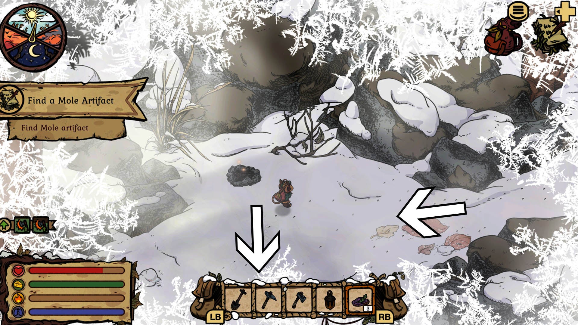 Зимняя нора, мышь у костра-контрольной точки со стрелками, указывающими на юг к следующей области