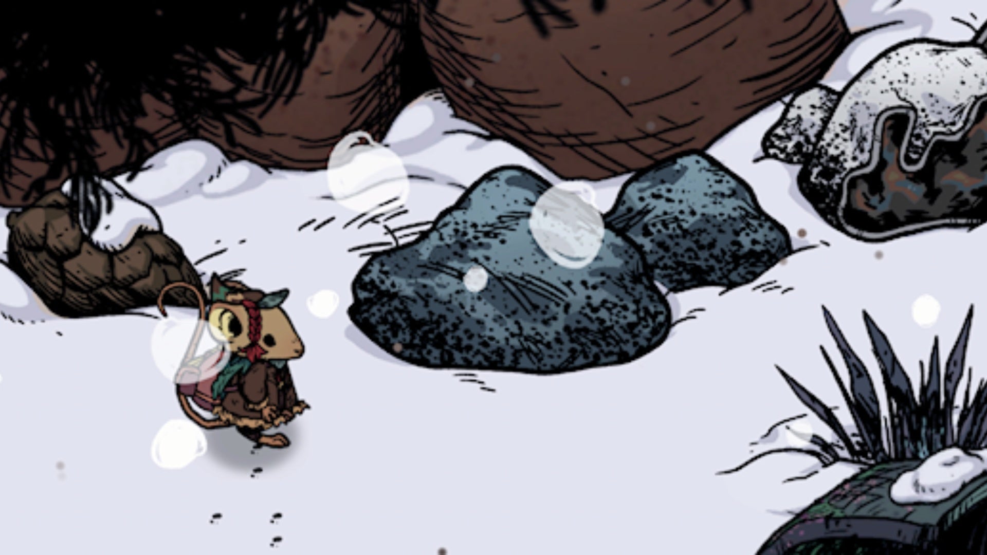 мышка в Зимней Норе у гранитных валунов