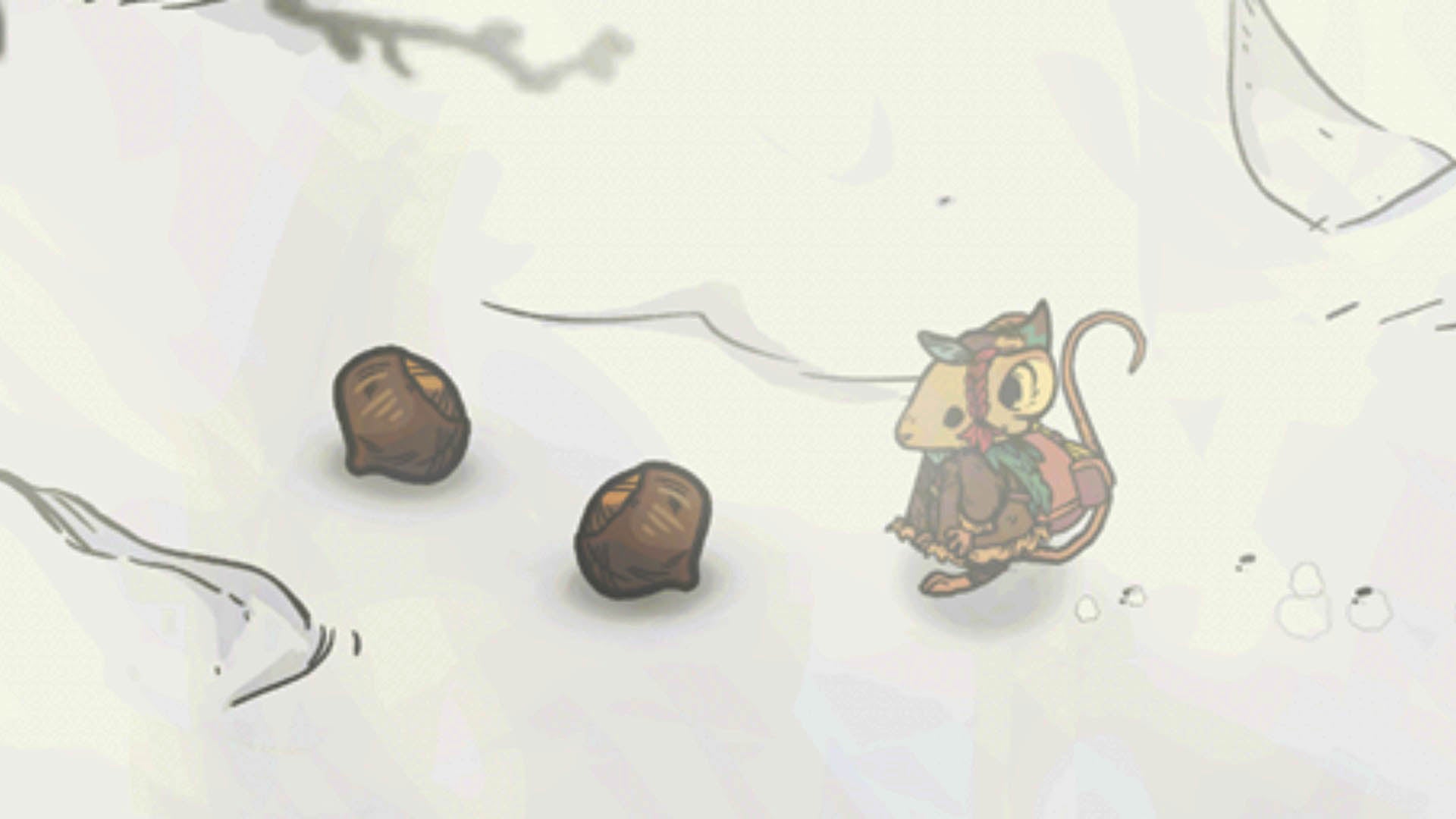 Winter Burrow: мышь рядом с фундуком на земле