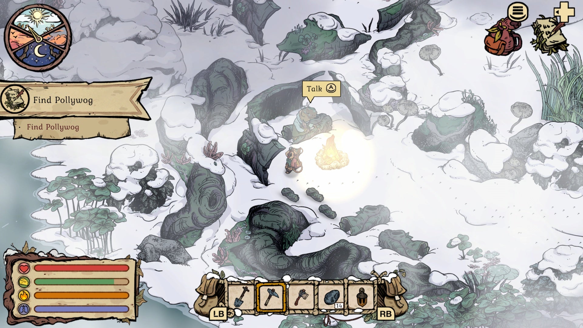 pollywog сидит у костра в зимней норе