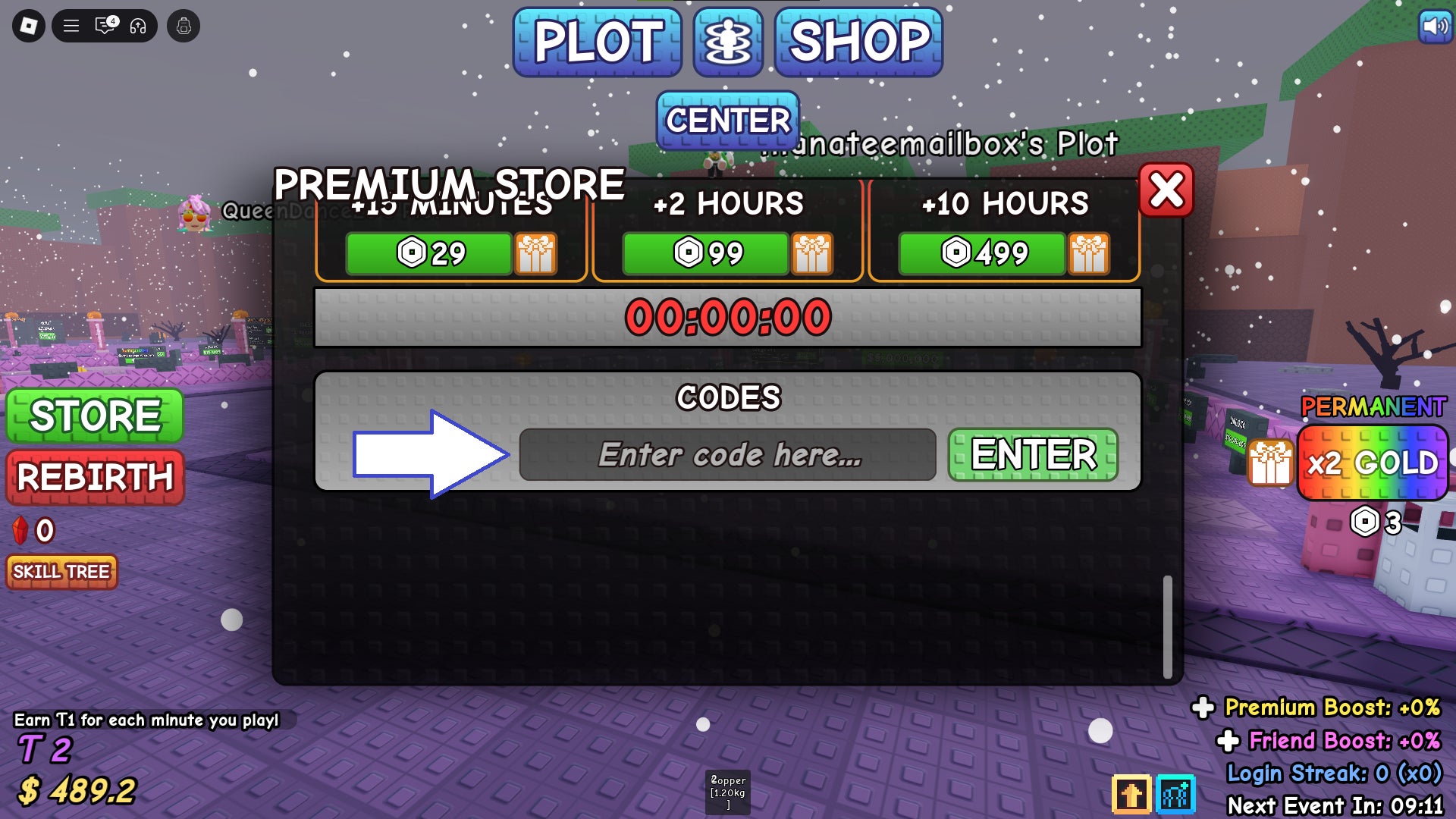 Скриншот Your Goblin Mine в Roblox, показывающий поле для ввода кода в игре.