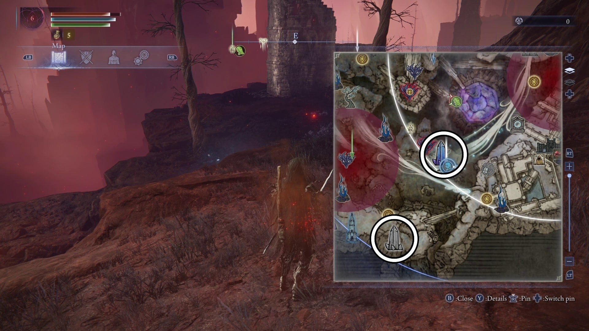 На карте Великих Пустот показаны резонированный и нерезонированный кристаллы в DLC Forsaken Hollows для Nightreign.